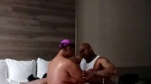 Old and young BBW couple enjoy hotel room sex