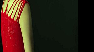Eine atemberaubende Frau mit charmanten Brüsten verführt dich in einer provokativen Pose und trägt ein verführerisches rotes Kleid